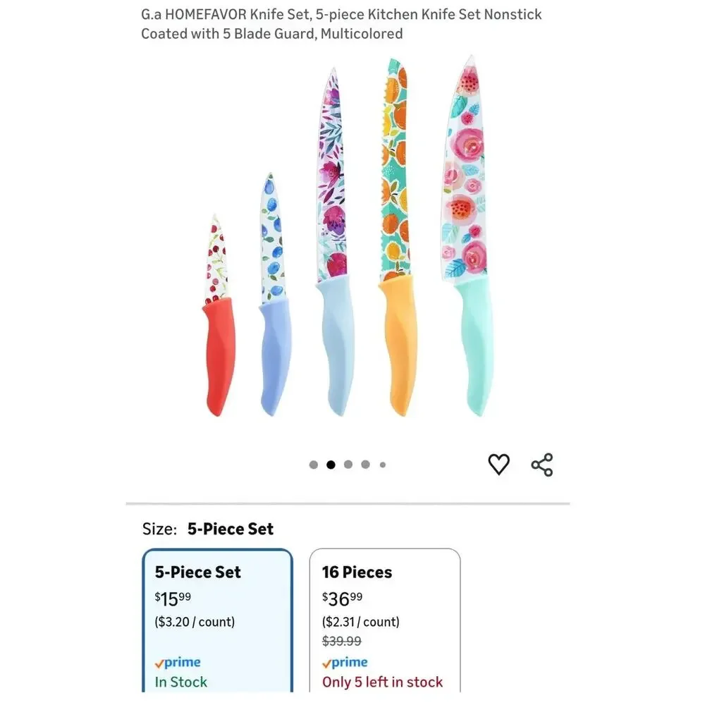 5-piece Kitchen Knife Set Nonstick Coated Stainless with Blade Guard New in Box